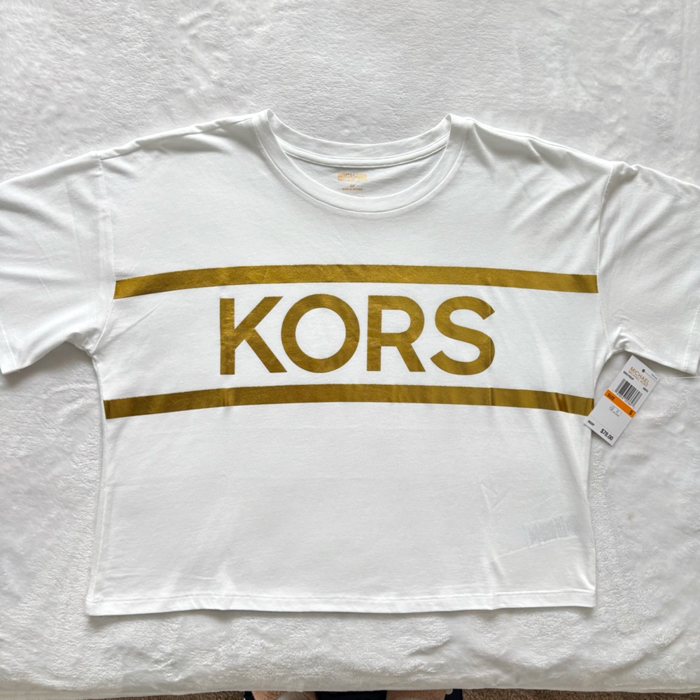 MICHAEL KORS White Gold Foil Cropped Short Sleeve Logo T-Shirt--NWT--S - Picture 6 of 15
